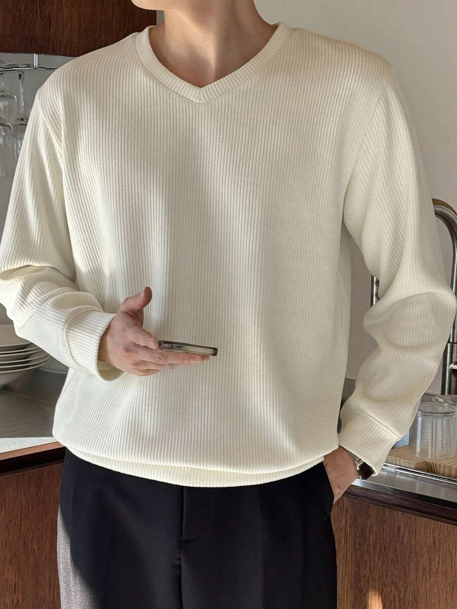 DAZY 男士休闲纯色套头衫，百搭秋季 - 杏色 - 查看 1