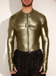 FeverCity Men's Solid Color Long Sleeve PU Leather Zip-Up Jacket, Autumn, For Fall Winter - Army Green - View 2