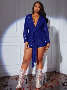 SHEIN SXY 2pcs Plus Size Women Sexy Metallic Silver Sequined Slim Fit Jacket + Shorts Set (With Belt), Suitable For Date Night, Birthday, Bachelorette Party, Casual, Ball, Shopping, Streetwear, Going Out, Flatter The Figure - Royal Blue - View 6