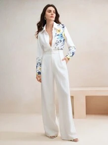 Anewsta Elegant Autumn Woven Digital Positioning Printed White Button Long Sleeved Shirt For Women Modesty Clothes Women