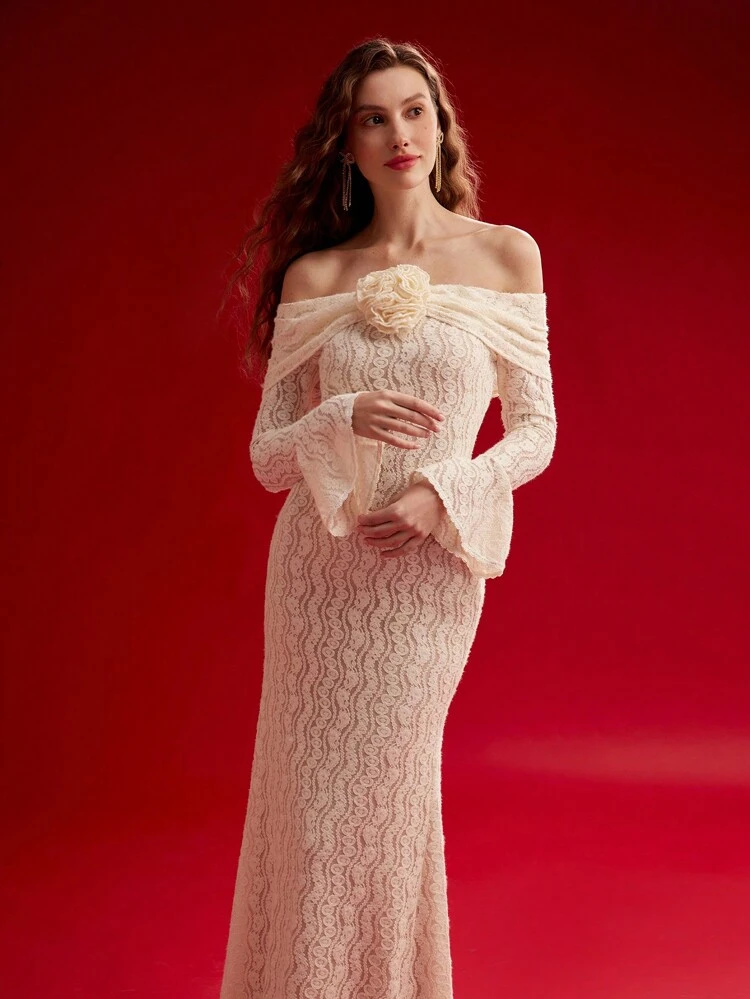 VESTIDO CON CORTE SESGADO DE HOMBROS DESCUBIERTOS FLORAL ESTÉREO, ATUENDO PARA EL DÍA DE SAN VALENTÍN