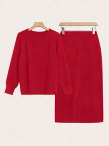 SHEIN LUNE Plus Size Solid Color Sweater And Skirt Set, Casual Autumn/Winter Fall Cloth For Women - Red - View 1