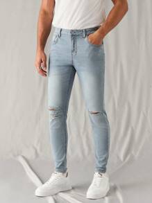 Manfinity Roghcode Men's Light Blue Distressed Washed Denim Casual Skinny Stretch Jeans, Urban Chill - Light Wash - View 4