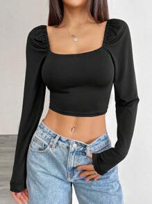 Chiquease 女士休闲露背长袖 T 恤上衣 - 黑色 - 查看 4