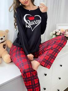 情人节情侣爱心皇冠休闲格子撞色女士睡衣套装，秋冬服装 - 彩色 - 查看 1