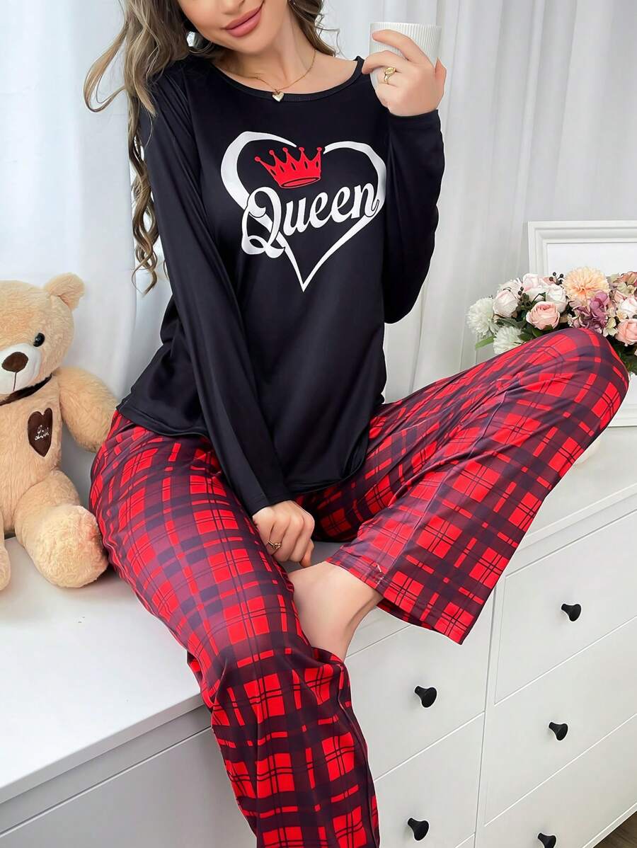 情人节情侣爱心皇冠休闲格子撞色女士睡衣套装，秋冬服装 - 彩色 - 查看 1