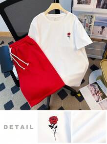 SHEIN 2pcs/Set Teen Boys Casual Comfortable Versatile Rose Flower Print Short Sleeve Top & Shorts Set - Red - View 1