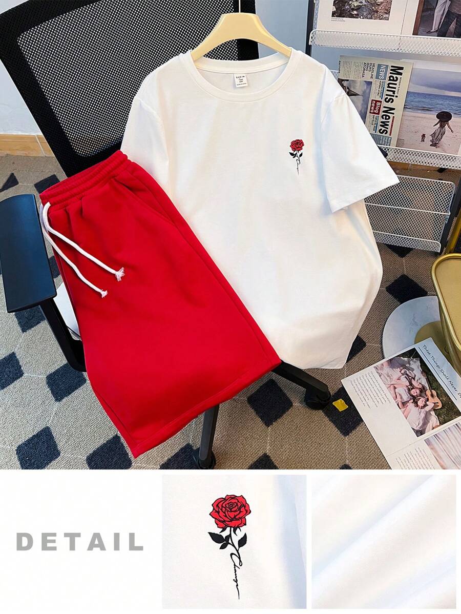 SHEIN 2pcs/Set Teen Boys Casual Comfortable Versatile Rose Flower Print Short Sleeve Top & Shorts Set - Red - View 1