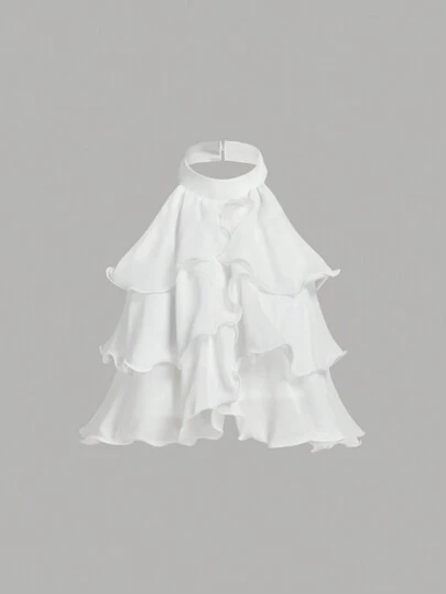 SHEIN MOD Witte gelaagde geplooide crop top, schattige tops, tube tops voor dames, elegante vorm, top zonder rug, top voor nieuwjaar, feesttops voor dames, off-shoulder top, casual blouse met brede bandjes en knoopsluiting voor dames voor dagelijks gebruik, vintage outfits, dameskleding, look Valentijnsdag