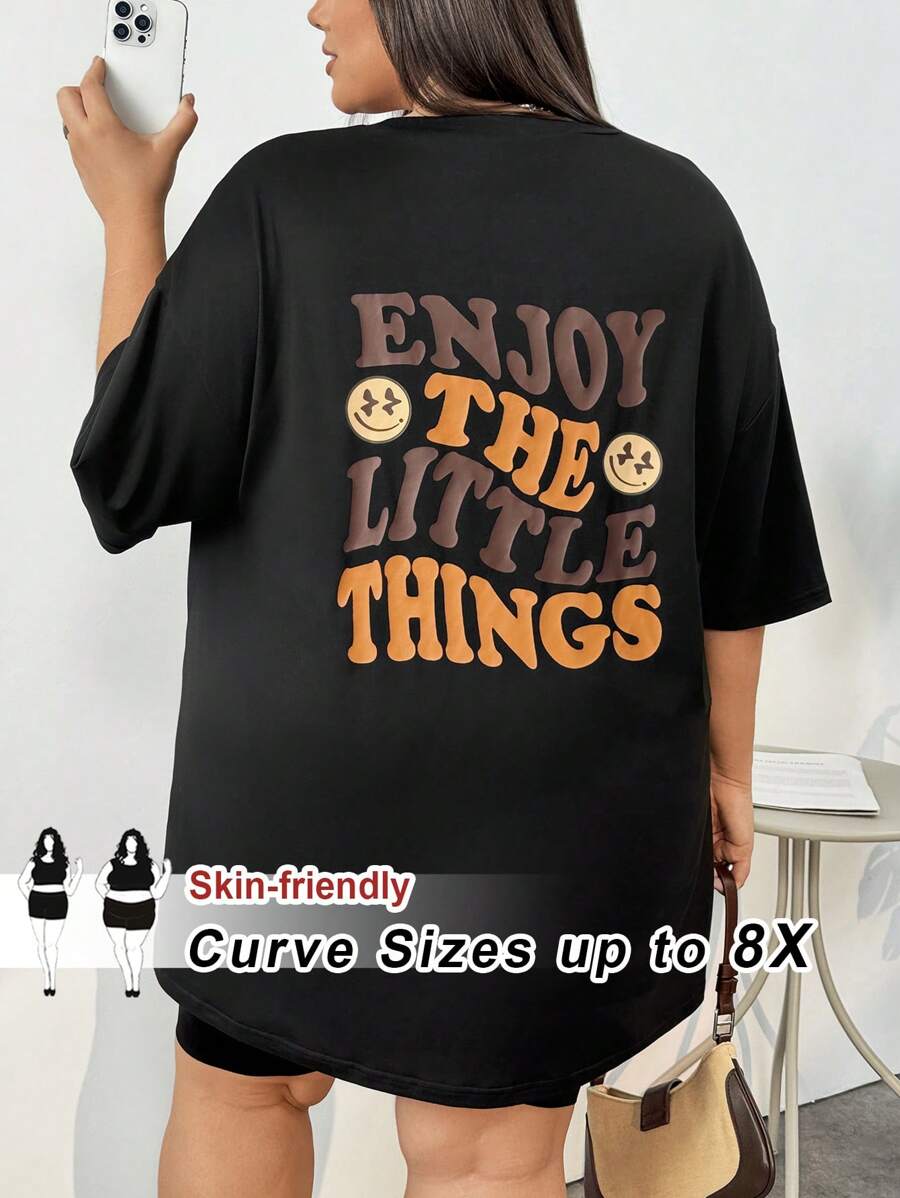 SHEIN CURVE+ Plus Size Casual "Enjoy The Little Things" Smiling Face Print Round Neck Short Sleeve Loose Fit T-Shirt For Women, Summer,Graphic Tee