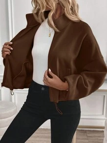 SHEIN LUNE بلوزة نسائية بأكمام طويلة وسحاب وخيط سحب، من الفليس الدافئ ذات طوق عالي، بلوزة كاجوال
