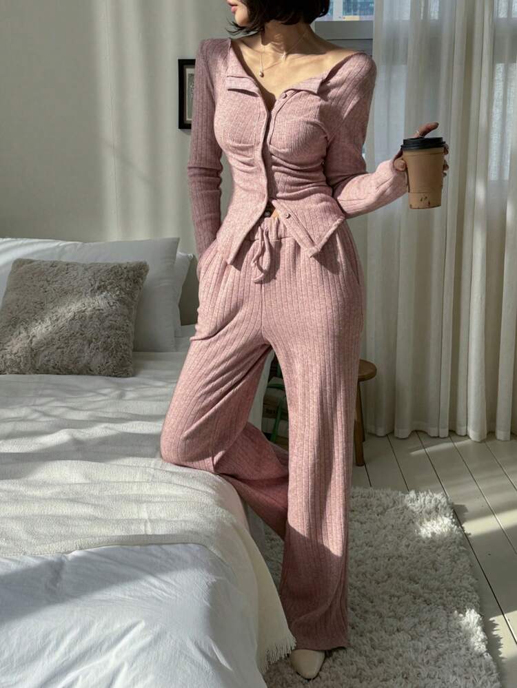 2pcs/Set Women Ribbed T-Shirt & Leggings Set, Form-Fitting Pink, Spring/Autumn