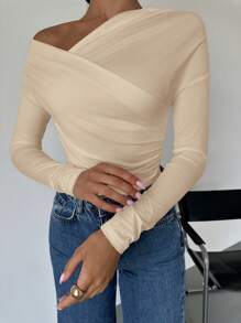 Firerie Camiseta envolvente con cuello asimétrico de unicolor para mujer - Albaricoque - Ver 6