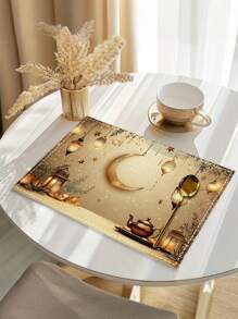 1buc/4buc/6buc Ramadan Lantern Moon Star Placemat, Pret alungit din poliester lavabil la masina, Blat protejat, Placemat izolat, Decorare restaurant, Decorat masa, Articole de uz casnic, Potrivit pentru multi oameni, Decorare pentru petreceri