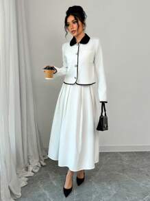Elenzga Conjunto de chaqueta de manga larga de solapa de bloqueo de color con una hilera de botones y falda midi elegante y de moda para mujeres - Blanco - Ver 5