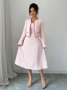 Chiquease A 字型中长连衣裙，优雅，适合派对、通勤、休闲，带口袋，粗花呢面料，撞色刺绣饰边，格子西装外套女式两件套 U 领背心和连衣裙套装 - 粉色 - 查看 4