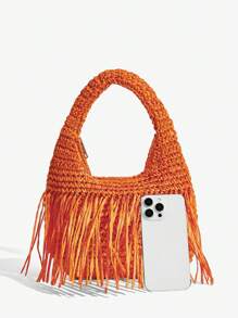 SHEIN SXY Damskie, damskie torby z uchwytem u góry, torba ze słomy, modna, elegancka, prosta, spersonalizowana, uniwersalna, pomarańczowa, frędzel, na plażę, wakacje, wakacje, lato, nad morze