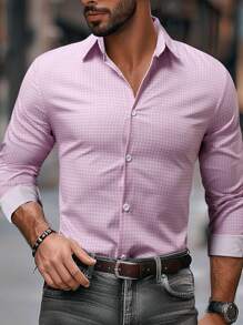 Manfinity Mode 男士格子长袖单排扣休闲衬衫，适合秋季 - 粉色 - 查看 1