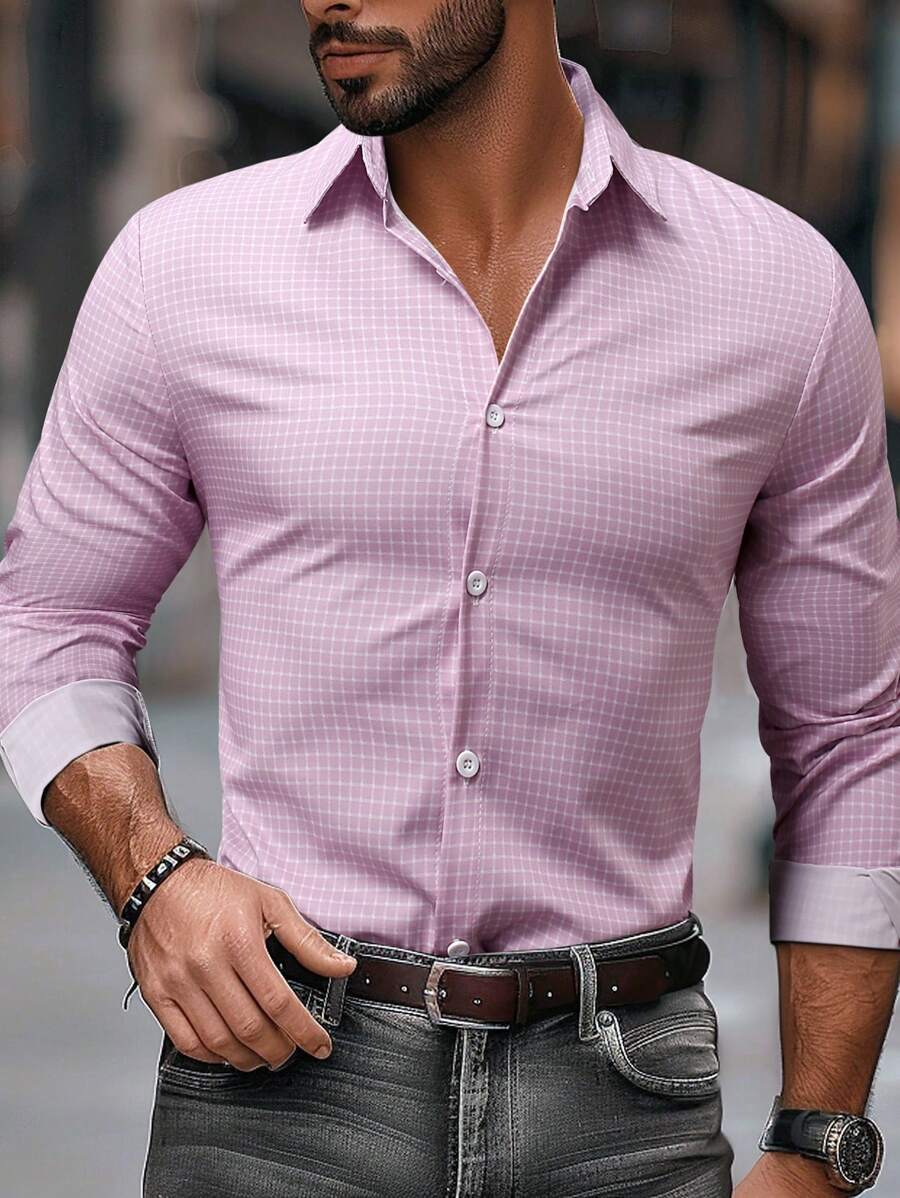 Manfinity Mode 男士格子长袖单排扣休闲衬衫，适合秋季 - 粉色 - 查看 1