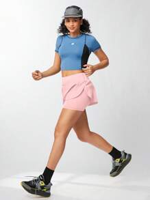 SHEIN Sports 纯色高腰二合一运动短裤毛衣短裤 - 粉色 - 查看 3