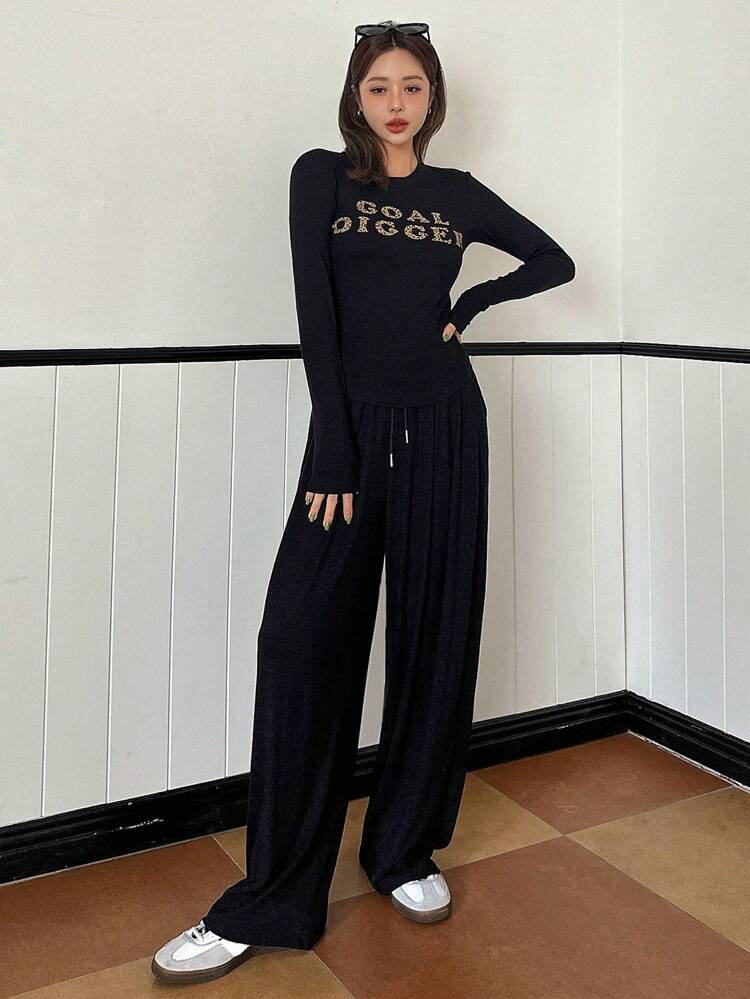 2pcs Women's Letter Print Long Sleeve Top And Long Pants Sportswear Set Lounge Sets For Women