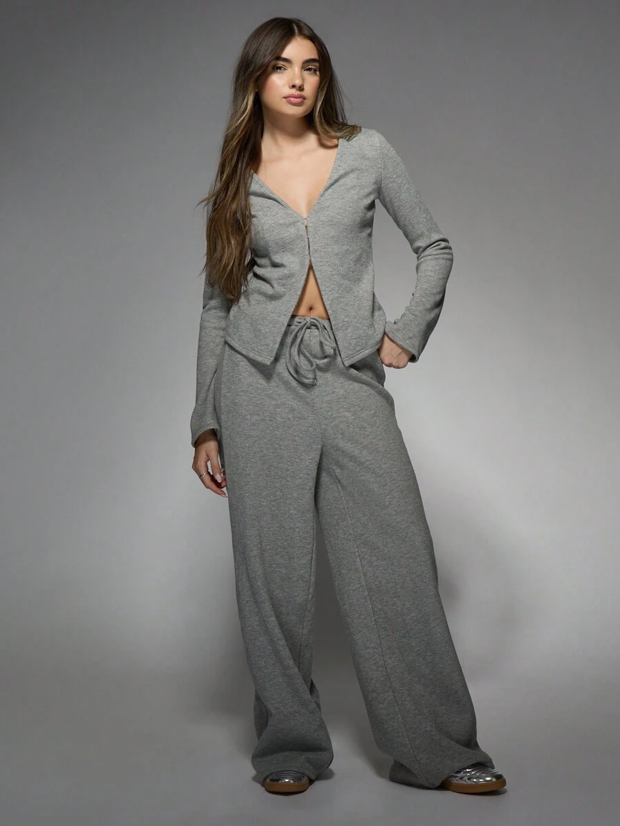 MISSGUIDED Ribbed Knit Cardigan Wide Leg Loungewear Set Cozy Winter Lounge Set Knitted Two Piece Long Sleeve Lounging Pants Relaxed Fit Living Room Ensemble