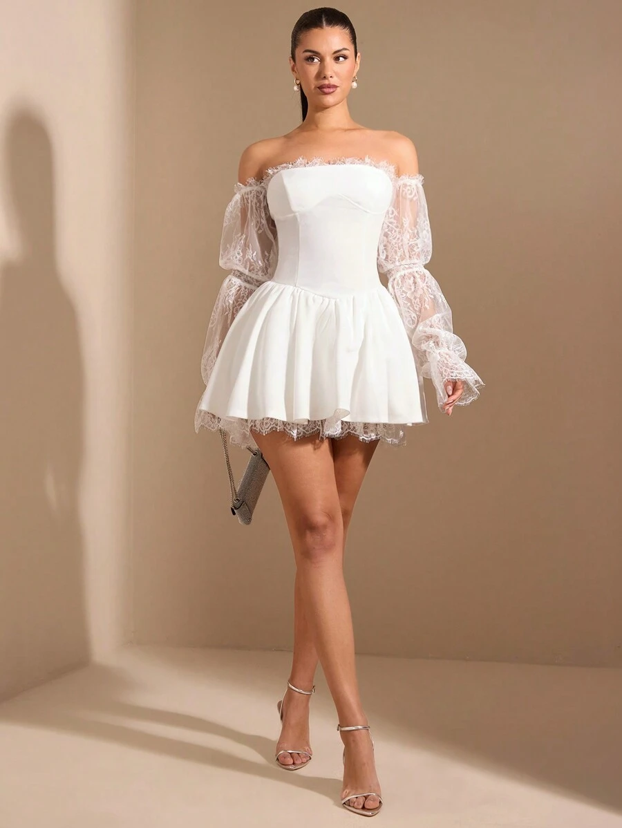 SHEIN BAE Váy trễ vai ren tương phản tay sen thanh lịch cho nữ, thích hợp cho những buổi hẹn hò lãng mạn, sự kiện tiệc, đi chơi thanh lịch, váy dự tiệc, váy dự tiệc cưới, tiệc Giáng sinh, trang phục ngày lễ, mùa thu/đông - trắng - Xem 1