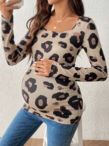 SHEIN Leopard Print Scoop Neck Long Sleeve Casual Maternity T-Shirt, Autumn