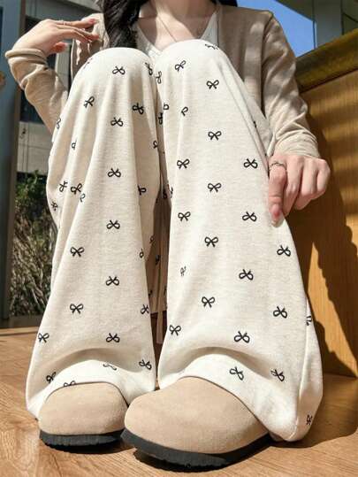 INAWLY 女士蝴蝶结印花抽绳腰部休闲运动裤