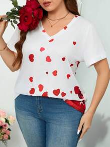 SHEIN Clasi Plus Size Valentine's Heart Print Short Sleeve T-Shirt