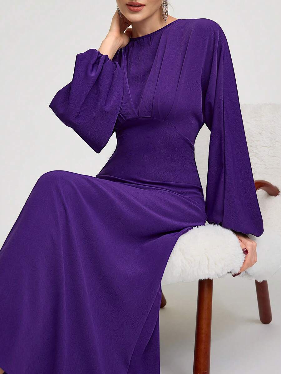 Modelyn Women's Elegant Solid Color Lantern Sleeve Extra Long Dress For Autumn Long Evening Dresses