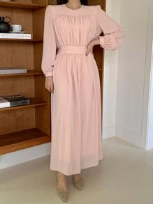 DAZY Women's Solid Color Pleated Long Elegant Dress, Pink, Spring/Summer,Fall Clothes Long Sleeve Dress Maxi Dress - Pink - View 6