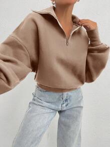 RueChic 100% Cotton Collar With Zipper Pattern Oversize Sweatshirt - Beige - View 4