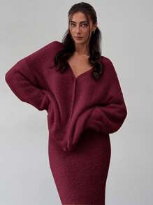 Aloruh 1 件套女士秋冬落肩长袖开衫 + 长款 A 字裙毛衣