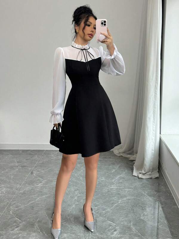 Elenzga Stand Collar Tie-Up Ruffle Hem Long Sleeve Chiffon Bow Decor Waist Cinched Formal Dress For Women