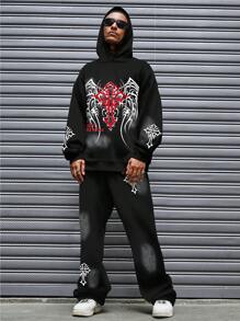 ROMWE MEN Goth Bộ đồ thể thao 2 món in hình chữ thập thường ngày dành cho nam và quần dài, mùa thu - màu đen - Xem 1