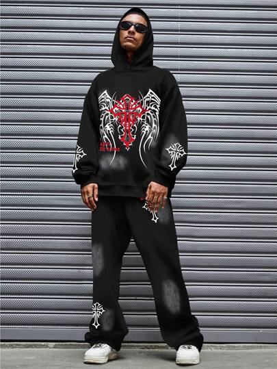 Goth Ensemble survêtement 2 pièces pour hommes, Sweat-shirt à capuche et pantalon de jogging, imprimé croisé style casual, automne