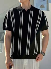 DAZY Áo thun Polo tay ngắn kẻ sọc đen trắng dành cho nam, áo len mùa hè - màu đen - Xem 3