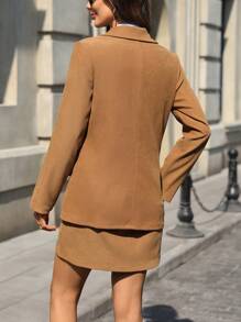 SHEIN Clasi French Elegant And Stylish Daily Wear Office Lady Suit Blazer Jacket, Paired With High Waist A-Line Skirt, Brown, Autumn/Winter