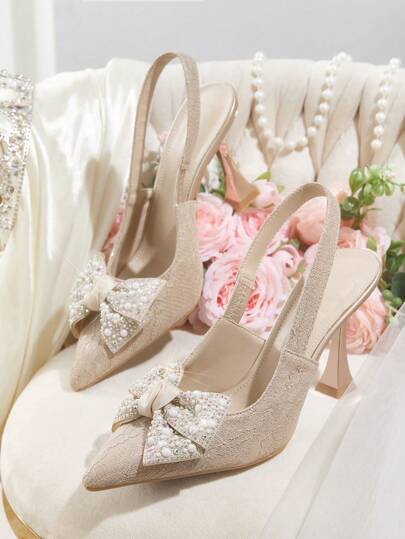 CUCCOO HITCHD 女士香槟色水钻蝴蝶结装饰高跟鞋，优雅百搭，适合通勤、约会、婚礼、办公、派对等场合，春季春假复活节舞会必备。