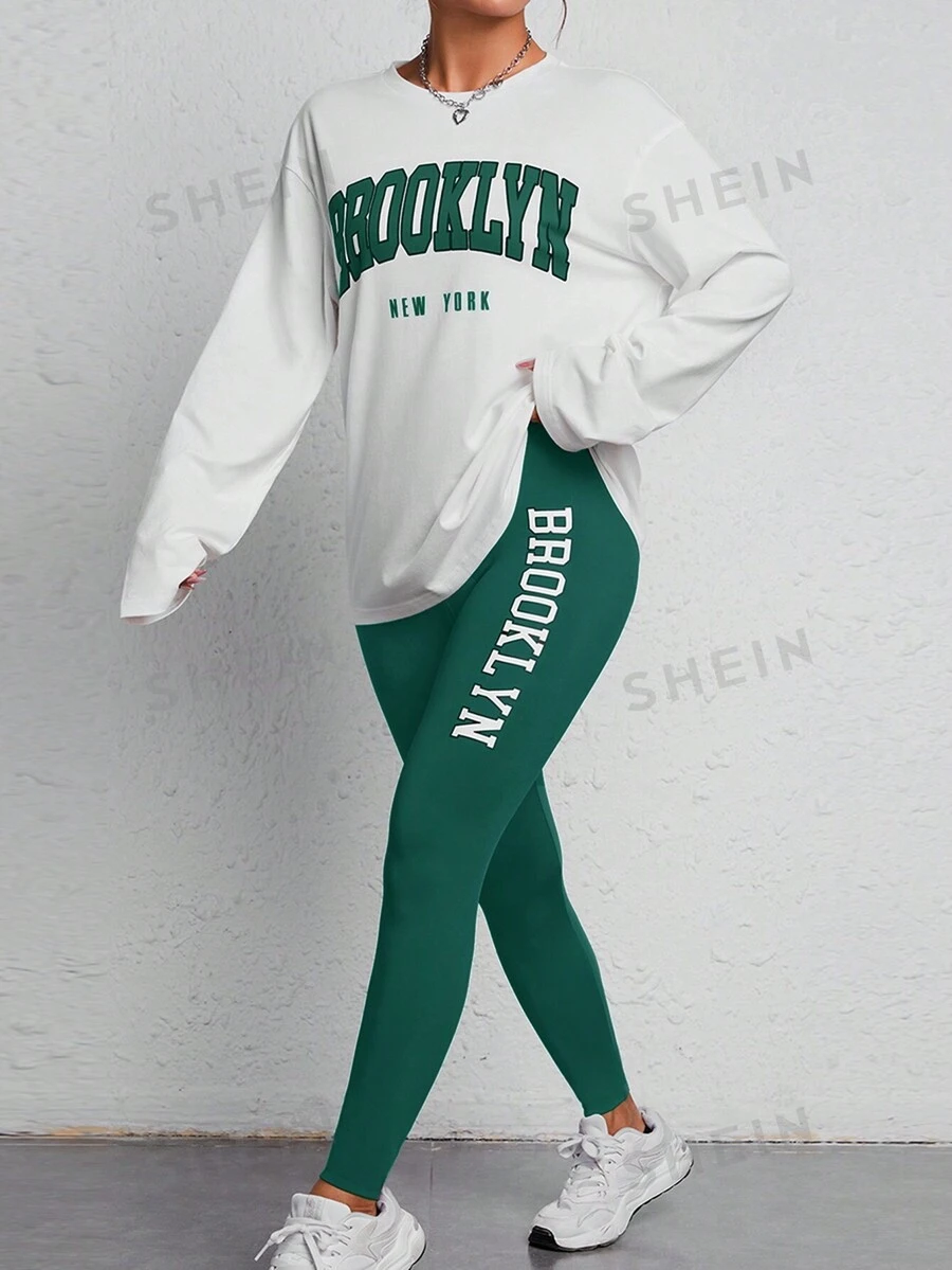 SHEIN PETITE Conjunto Casual De 2 Piezas Con Letras Impresas Para Mujer