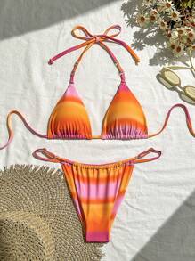 SHEIN Swim 女士渐变色霓虹比基尼套装，随机印花 - 彩色 - 查看 1