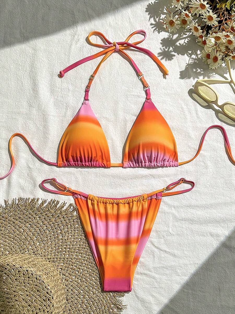 SHEIN Swim 女士渐变色霓虹比基尼套装，随机印花 - 彩色 - 查看 1