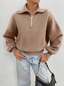 RueChic 100% Cotton Collar With Zipper Pattern Oversize Sweatshirt - Beige - View 3