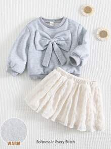 Cozy Pixies 2pcs/Set Baby Girl 3D Bowknot Decor Round Neck Long Sleeve Sweatshirt And Mesh Skirt Outfit Clothes Set - Grey - View 1