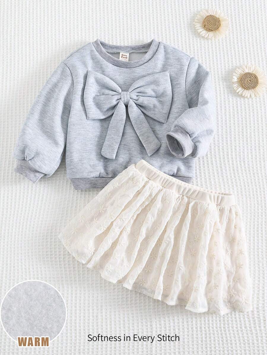 Cozy Pixies 2pcs/Set Baby Girl 3D Bowknot Decor Round Neck Long Sleeve Sweatshirt And Mesh Skirt Outfit Clothes Set - Grey - View 1
