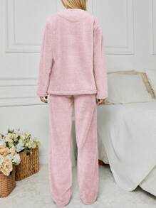 SHEIN Cottnline 2Pcs Pelush Panda Embroidery Detail PJ Set - Baby Pink - View 2