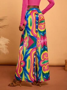 Abeille Creations Designer Boho Bohemian Women Multi-Color Wide-Leg Colorful All-Over Printed Satin Pants Spring Vacation, Going Out, Festival, Ibiza Fits - Multicolor - View 2
