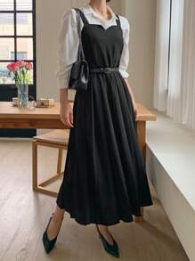 DAZY Women's Adjustable Strap Cinched Waist Mid-Length Pleated Dress Maxi Dress - Black - View 1