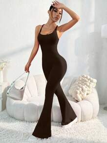 Seamless High Elastic Yoga Workout Leisure Sports Jumpsuit With Built-In Bra Pad